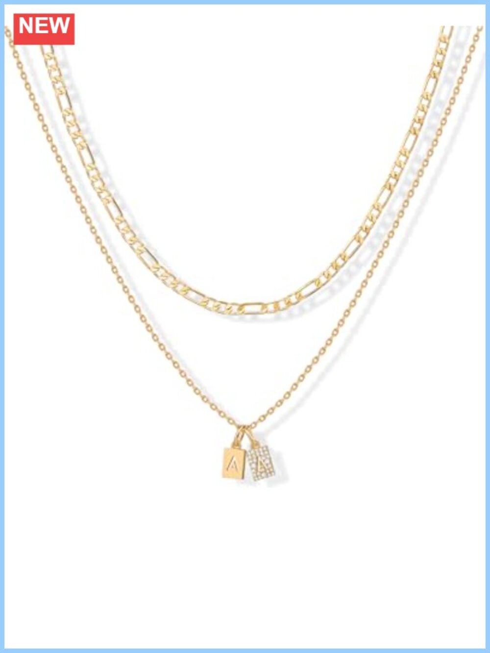 14K Gold Plated A Initial Double Dog Tag Pendant Necklace CZ